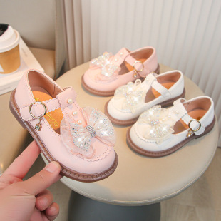 Girls Princess Shoes Cute Rhinestone Small Leather Shoes Large Children's Bow All-match Single-layer Shoes New Children's Performance Shoes
