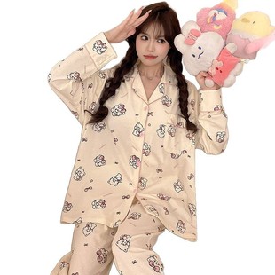 Spring New Pajamas Women's Imitation Cotton Lapel Cardigan Long Sleeve Trousers Fixed Chest Pad Sweet and Comfortable Home Clothes suit