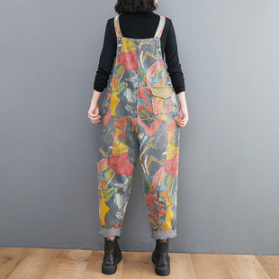 2022 Spring New Women's Loose Large Size Printed Artistic Retro Denim Overalls Harlan Pants