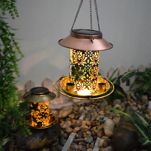 Bird feeder solar outdoor lighting wrought iron garden pendant hummingbird feeding plate intelligent projection light