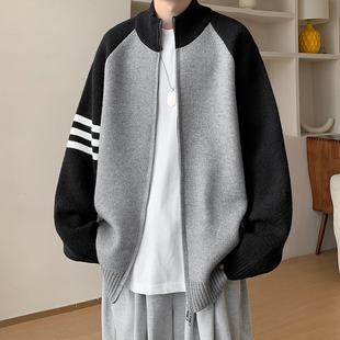 Contrast Raglan Sleeve Cardigan Sweater Men's 2024 Autumn and Winter New Korean Style Fashion Brand High-grade Sense Loose Knitted Sweater for Men