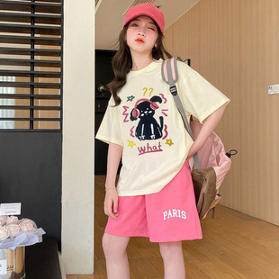 Summer New Children's Short-sleeved Shorts suit Small and Medium Girls Cartoon Printed Casual Fashion Loose Outer Wear suit