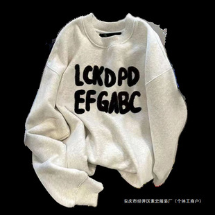 100% Pure Cotton Sweat Men's Heavy American Style Fashion Brand Design Niche Crewneck Men's and Women's Autumn and Winter fleece-lined Thickened