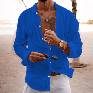 Cross-border foreign trade supply shirt men's 2024 new solid color loose single-breasted lapel cotton and linen long-sleeved shirt shirt