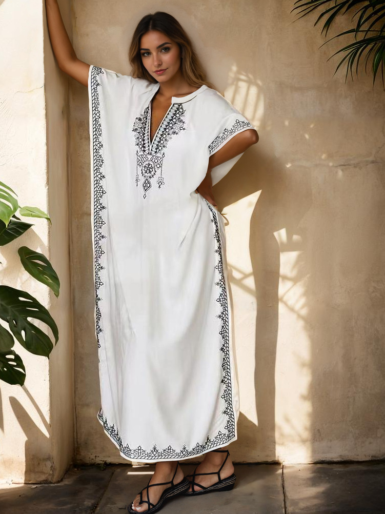 European and American Style Embroidered Beach Long Dress, Loose Pullover Beach Vacation Bikini Cover-Up, Sun Protection Shirt for Women