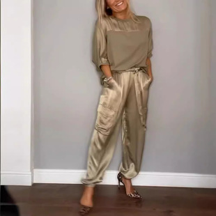 2024 Amazon Independent Station European and American Cross-border Fashion Women's Smooth Satin Half Sleeve Top Pants Set Two-piece Set