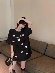 Summer New Fashion Personalized Three-dimensional Love Decorative Pure Cotton Round Neck Half Sleeve T-shirt Women's Lazy Style Sweet Top