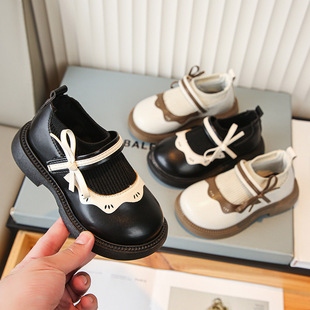 Girls' Leather shoes 2024 spring and autumn Mary Jane shoes butterfly lace socks boots children's black soft bottom leather shoes Princess