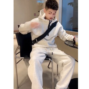 New Fall/Winter Men's fleece-lined Thickened Casual suit Fashionable Loose Hooded Sweat Pants Solid Color Korean-style Two-piece Set