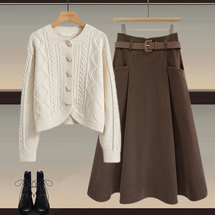 Autumn with a whole suit women's 2025 new plus size slimming knitted sweater with slimming skirt two-piece set