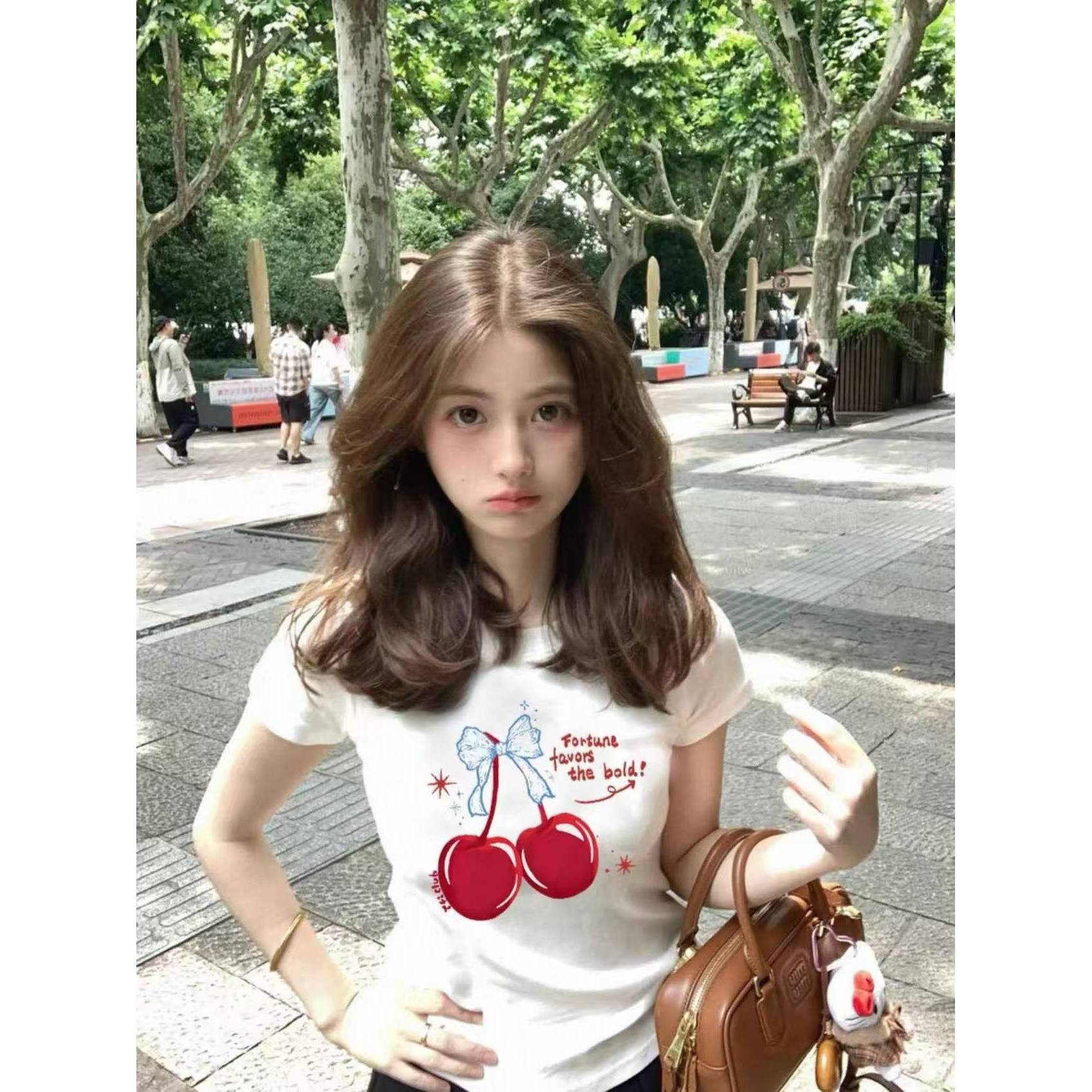 High-Quality Elastic Printed Slim-Fit Waist-Cinching Short-Sleeve T-Shirt for Women