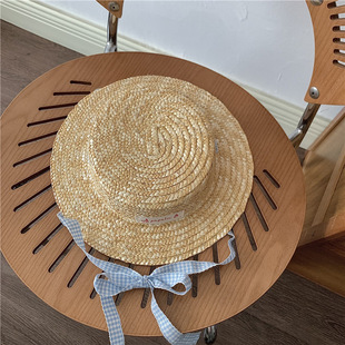 ins Mori children's light top straw straw hat western style cloth label baby photo concave shape colorful plaid lace-up hat