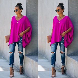 Foreign Trade Amazon 2021 European and American New Home Bat Sleeve T-shirt INS Loose Vacation V-neck Multicolor Top