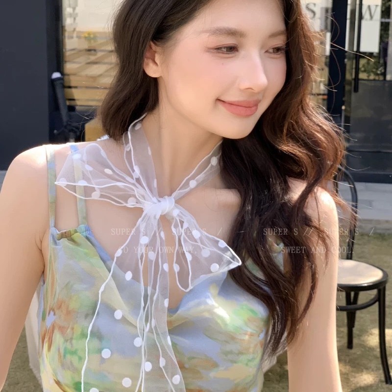 5 New Styles of Mesh Velvet Polka Dot Long Silk Scarves for Women, Spring and Summer, Transparent, Lightweight, Versatile, with a Sense of Style, Ribbon Scarf