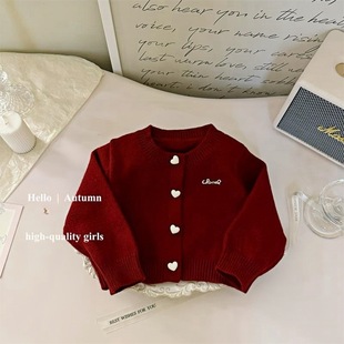 Cream 2024 Autumn New Baby Girl Red Paid Skirt Solid Color Knitted Cardigan Sweater College Style Two-Piece Fashionable Set
