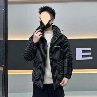 2024 winter new casual handsome short cotton-padded jacket trend all-match fashion striped coat thick warm cotton-padded coat