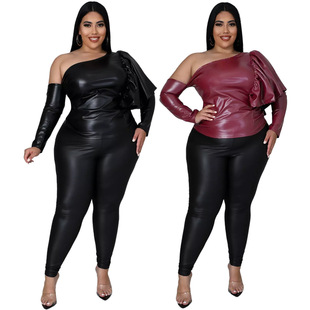 AP7063 European and American Fashion Large Size Women's Clothing Amazon Night Clothes Stretch Matte Leather Skew Shoulder Ear-Trim Top