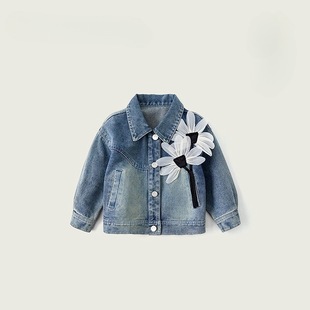 Girl's Denim Coat Cute 2025 Spring and Autumn Early Spring Girl's Sweet Top Women's Lapel Fashion Flower Outerwear