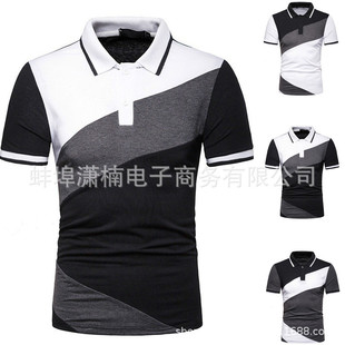 2023 cross-border foreign trade Men's European and American casual stitching collar color matching loose short sleeve shirt short sleeve polo shirt