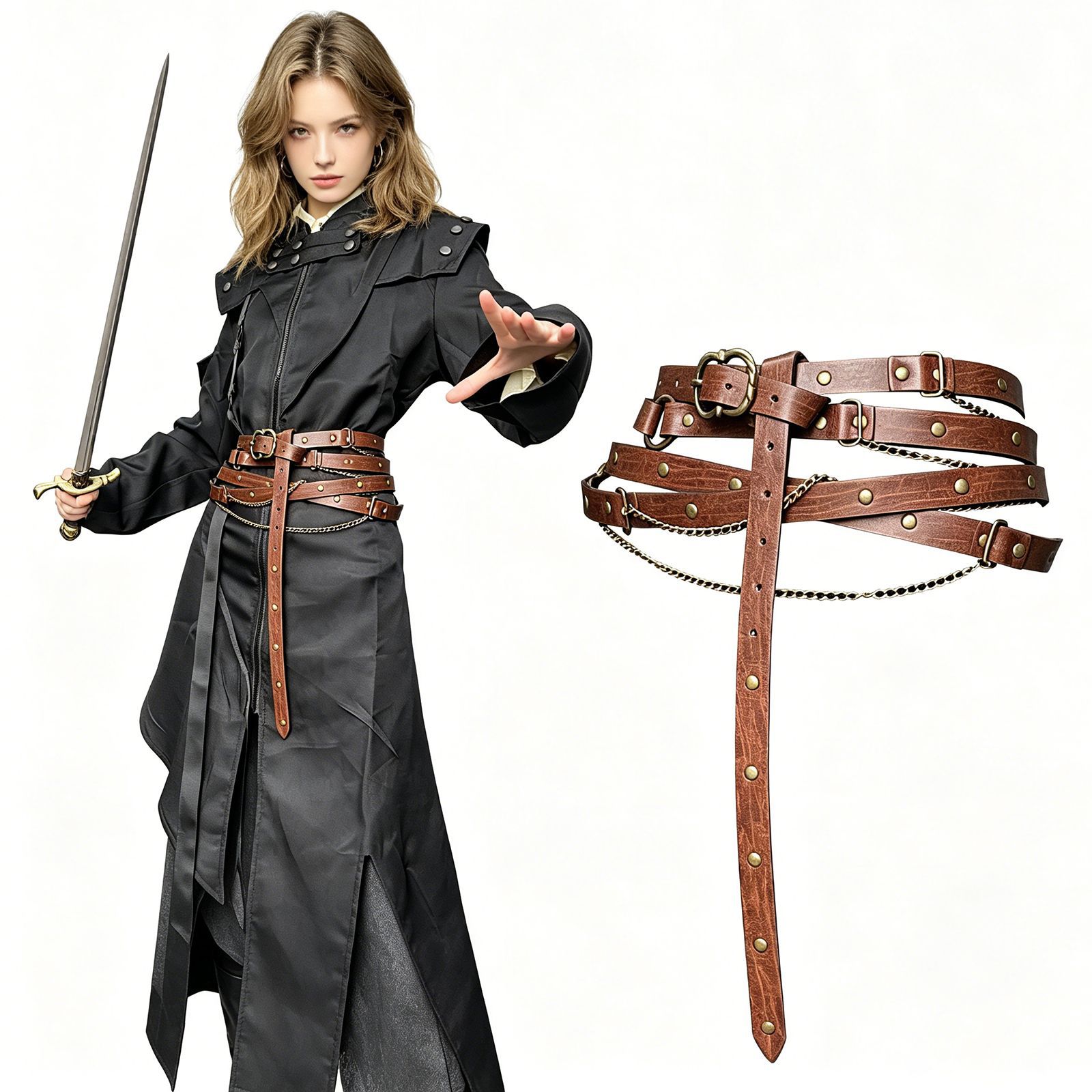 Medieval Chain Thin Leather Belt Nordic Viking Style Retro Embossed Waist Bag Cosplay Amazon Halloween