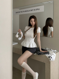 Wu 77 Fake Two-piece Stitching Puffy Lace Round Neck T-shirt Women's Design Sense Slim-fit Slimming Shoulder Short-sleeved Top Spring