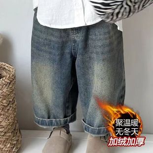 2024 new children's jeans autumn and winter children's one-piece velvet warm men's and women's baby velvet pants
