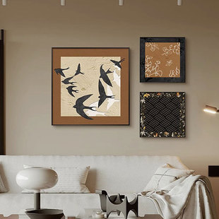 French retro sofa background wall triple combination decorative painting niche art living room hanging painting restaurant mural