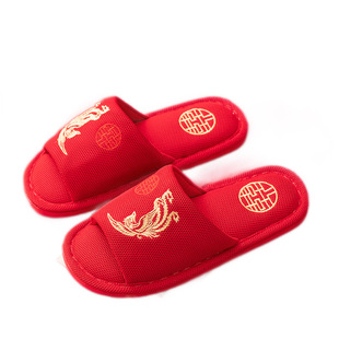 Wedding Slippers Pair of Dragon and Phoenix Festive Red Bride Accompanying Wedding Slippers Indoor Couple Cotton Sandals