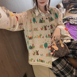 Lazy Style Design Sense Loose Knitted Cardigan Jacquard All-match Waistcoat Vest Korean Style Jacket Women's Fashionable Jacket