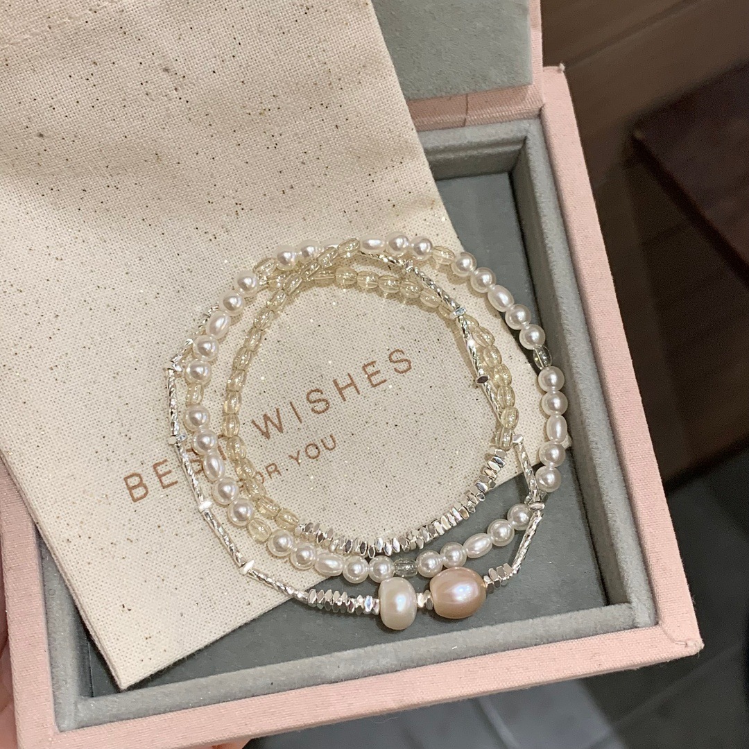French-Style Matte Freshwater Pearl and Silver Fragments Layered Bracelet with a High-End Feel, Three-Circle Light Luxury Elastic Bracelet for Women
