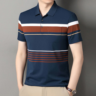 Summer New Striped Short-sleeved T-shirt Men's Cotton Thin Casual Comfortable Lasel Men's Polo Shirt Dad