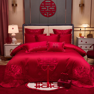 60S Long-staple Cotton High-end Wedding Four-piece Set Cotton Cotton Dragon and Phoenix Embroidery Big Red Wedding Room Wedding Six-piece Set