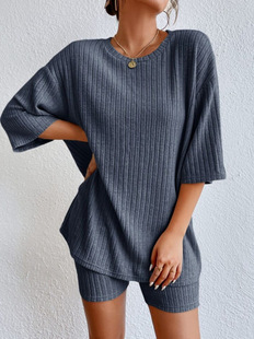 European and American New 2024 Fashion Casual Solid Color Spring and Summer Round Neck Loose Women's Shorts suit