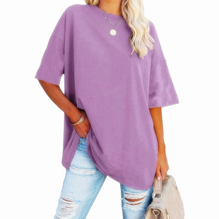 2025 European and American Cross-border Women's T-shirt Amazon Foreign Trade Women's New Solid Color Loose Round Neck Short Sleeve Top for Women