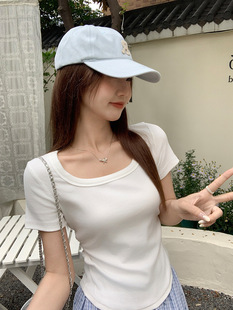 White Right Shoulder Square Collar Pleated Waist Short-Sleeved T-Shirt for Women 2025 Summer New Slimming Look Sexy Short Top