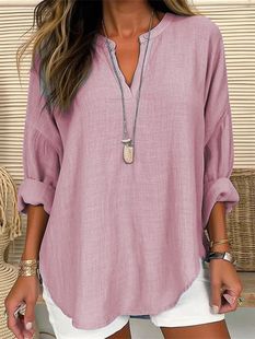 AliExpress Independent Station wish Hot Sale New Cotton Linen Loose Casual Stand Collar Shirt Women's Long Sleeve Top