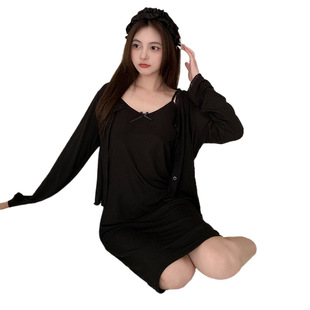 Spring and Summer Ice Silk Cloth Pajamas Women's Sweet Ins Style with Breath Pad Sling Long Sleeve Cardigan Mid-Length Nightdress Home Clothes