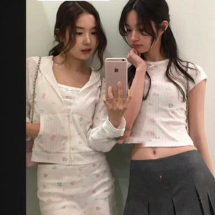in stock South Korea Niche Trendy Brand Eight Milk 25 Spring and Summer Cute Floral Long Sleeve Cardigan➕Short Sleeve Skirt suit