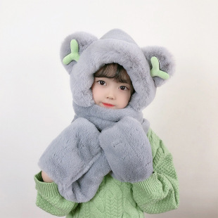 Boys and Girls cute autumn and winter hat scarf gloves three-piece set plus velvet outdoor hat children's one-piece hat