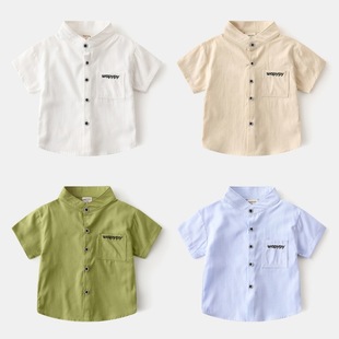Boys' Short-sleeved Shirt 2025 New Children's V-neck Summer Shirt Baby's Embroidered Pocket Top in stock Hair
