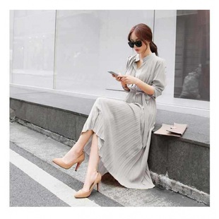 Chiffon long sleeve pleated dress 2024 Spring and Autumn New slim fit waist slimming Korean style socialite temperament pleated skirt