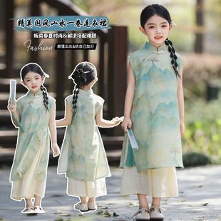 Для девочек Лето 2025 Cheongsam новый набор детский Hanfu китайская юбка Tang cheongsam юбка национальный стиль платье
