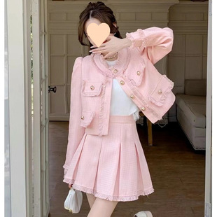 Xiao Xiang style pink suit 2024 spring new French socialite thin coat pleated suit skirt two-piece set