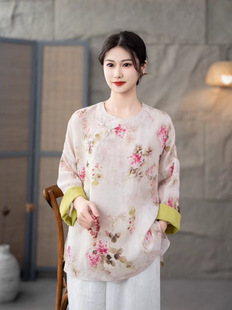 Spring 2025 New Round Neck Printed Contrast Color Loose Elegant T-Shirt Ramie Thin Dolman Sleeve Top for Women