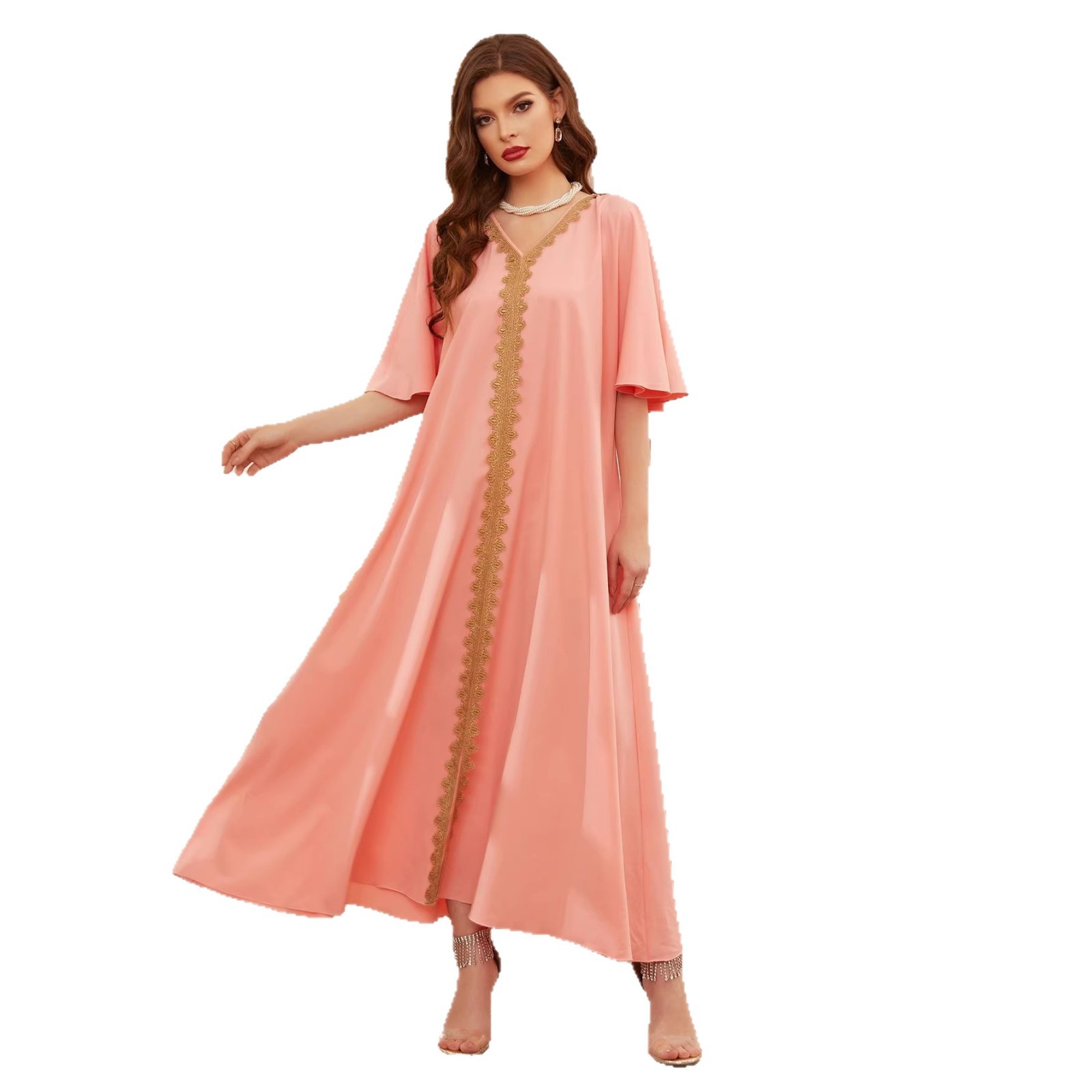 2025 Cross-Border European and American Foreign Trade Women's Ethnic Style Solid Color Dress with Appliqué Trim