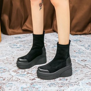 Autumn and winter New elastic socks boots mid-length boots fashion boots women's shoes thick-soled casual middle-aged mother Martin boots