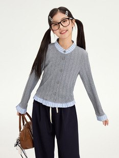 Girls' Fragrant Style Fake Two-Piece Knitted Cardigan 2025 Spring New Style Contrast Color Stitching Short Sweater Trendy for Big Children