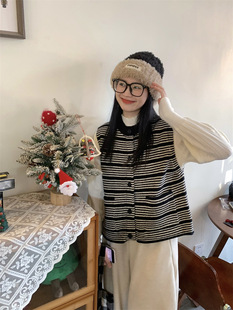 Real Shot Vintage Sleeveless Striped Knitted Vest Autumn and Winter Stacked Wear Age-reducing Waistcoat Crewneck Small Women's Vest