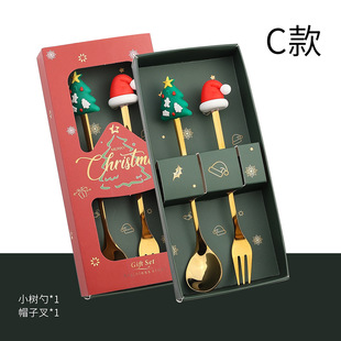 Stainless Steel Spoon Fork Silicone Head Cartoon Christmas Coffee Spoon Mixing Spoon Fruit Fork Christmas Gift Box Set