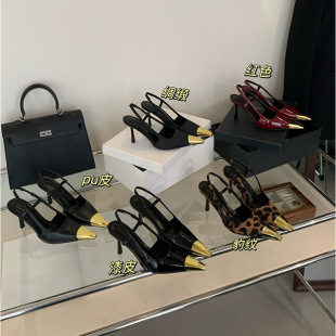Europe and the United States 2025 spring new high-heeled shoes metal iron head back empty square head high-end feeling Baotou single-layer shoes women's sandals
